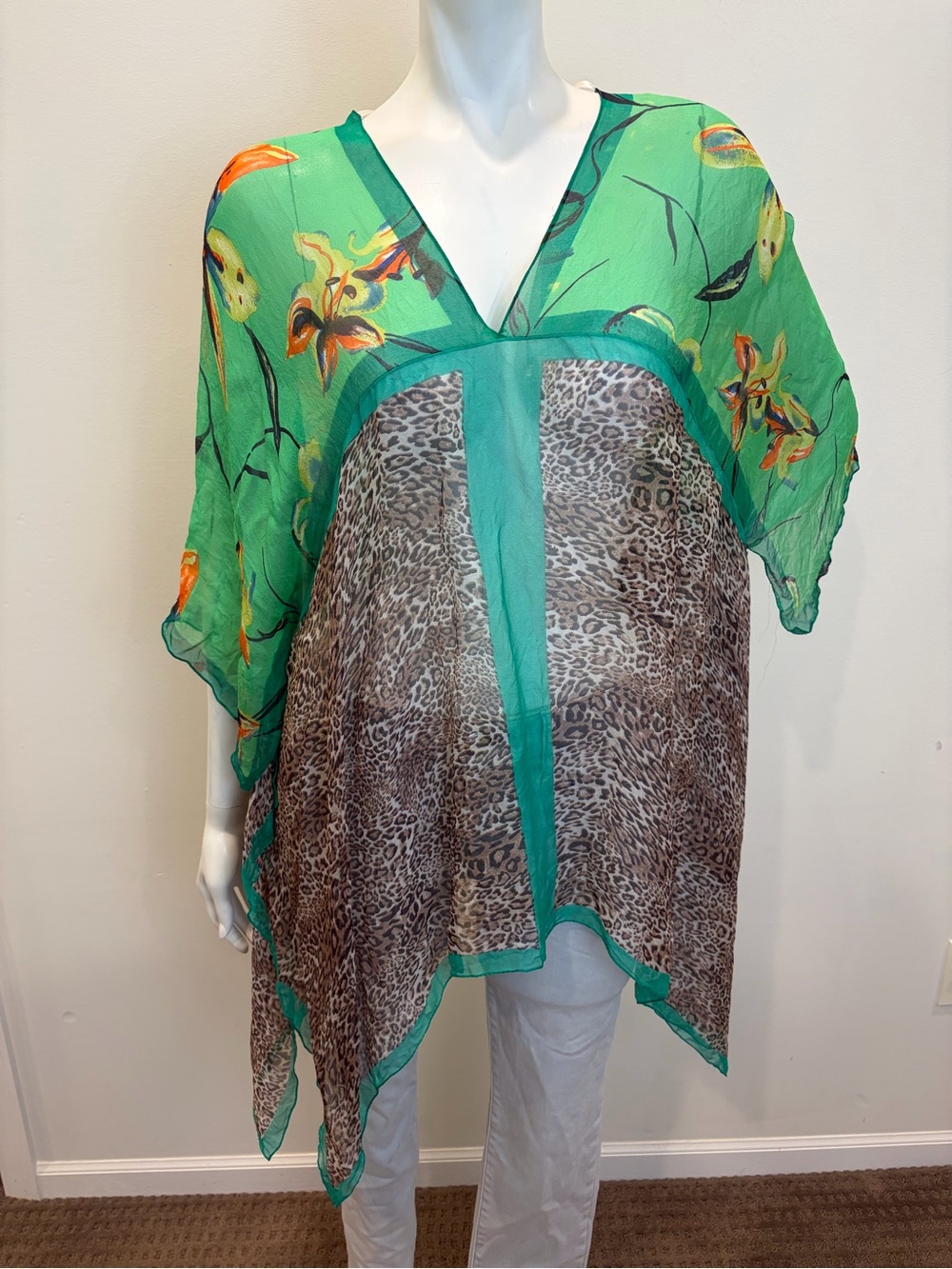 NORDSTROM 100% Silk Green Brown Cheetah Print Tropical Floral Cover Up Blouse